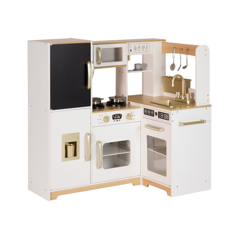 Wooden Modular Corner Play Kitchen with Writing Board, Stove, Sink, Drink Machine, and Phone, White/Beige