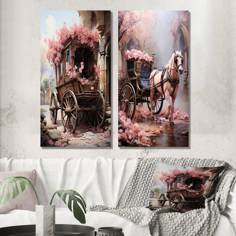 Voyage romantique en chariot de mariage - Ensemble de 2 décorations murales Old American Cart, Toile tendue