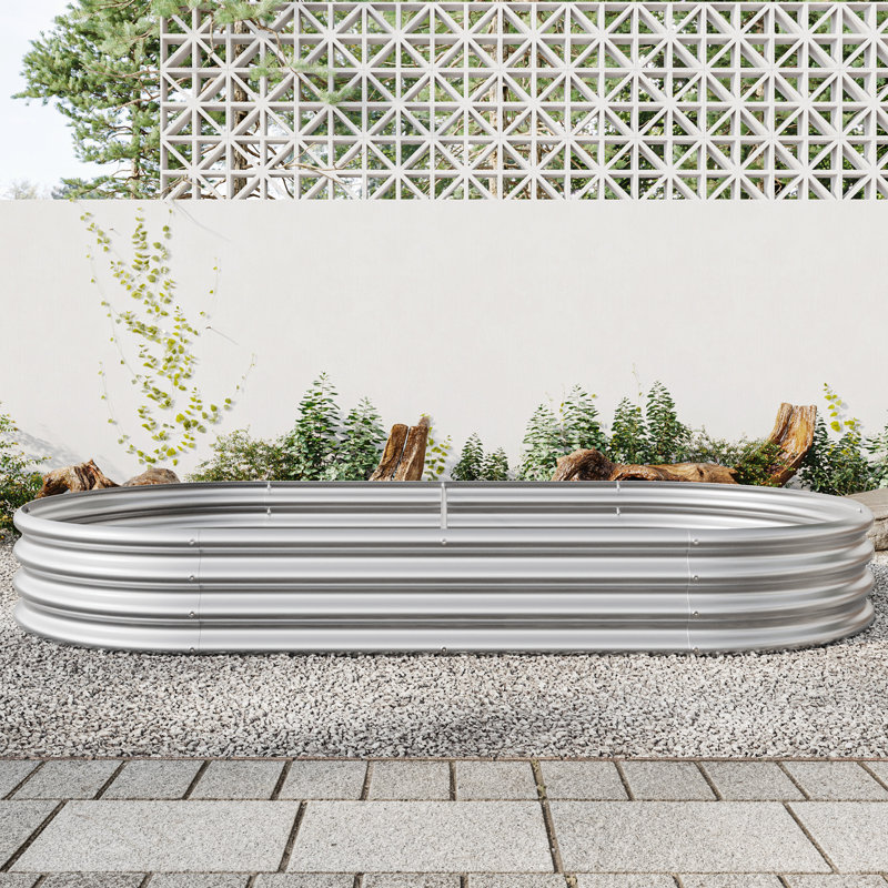 Lit surélevé ovale en métal galvanisé argenté pour fleurs de jardin, contrôle des sols à base ouverte, plantes d'extérieur de 11,39 po de hauteur