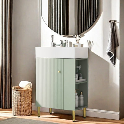 Meuble-lavabo de salle de bain avec rangement sur le côté droit, lavabo en céramique, poignée et pieds dorés, armoire combinée en MDF avec porte à fermeture en douceur, armoire de rangement pour lavabo simple