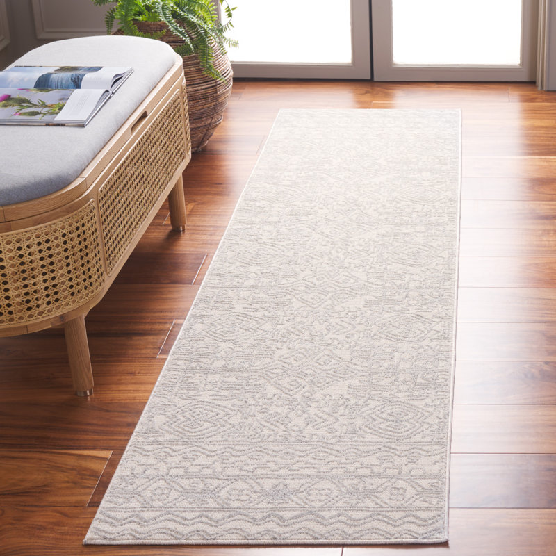 Tapis en polyester / viscose abstrait tissé à la machine en gris / ivoire, Tapis de couloir 2 pi x 8 pi