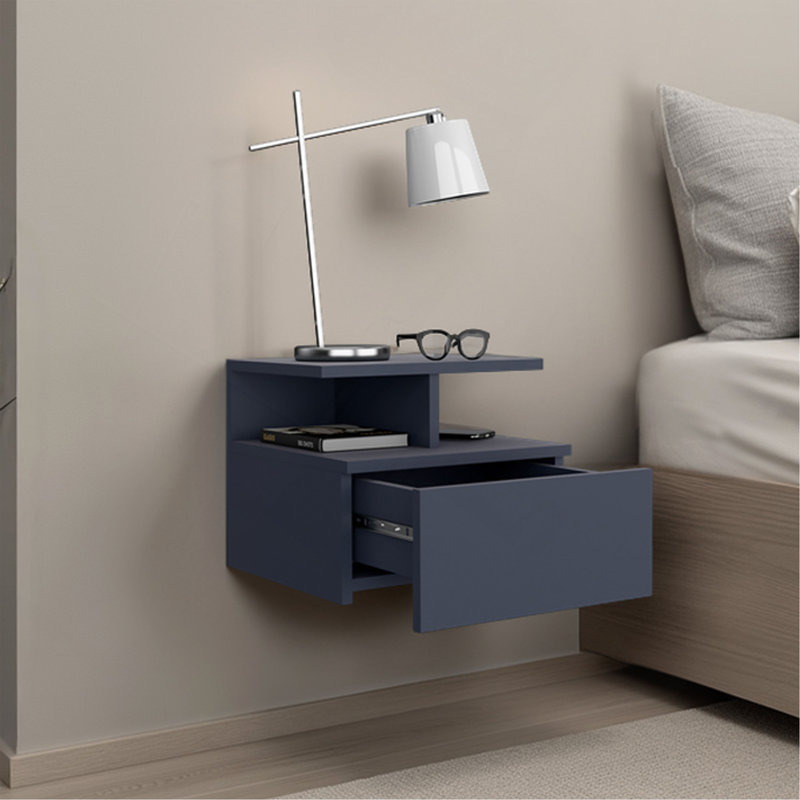 Adele Floating Nightstand, With One Drawer And Two Small Below Shelves For Storage Or Decor, Blue, Navy Blue