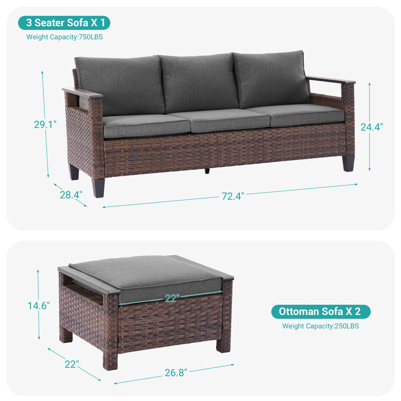 3 Piece Patio Sofa with Ottomans, All-Weather PE Rattan Wicker Sofa, Black Gray