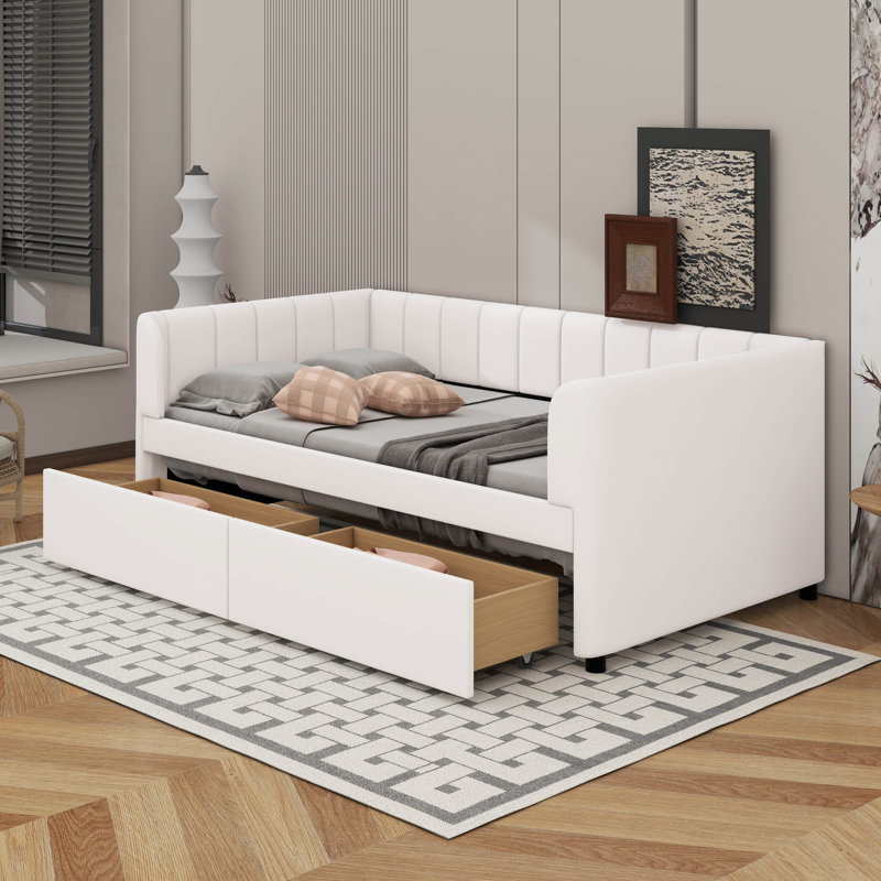 Lit de jour simple tapissier avec tiroirs, Beige