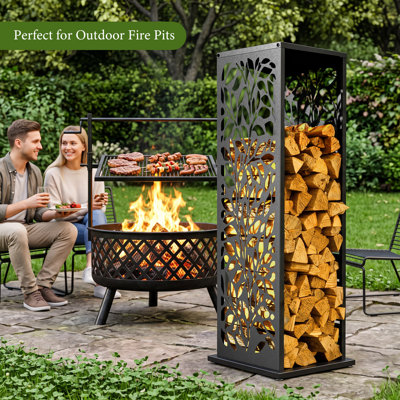Support à bois de feu de 4 pi avec panneaux décoratifs découpés au laser, support à bûches en acier robuste de 300 lb et tablette de présentation