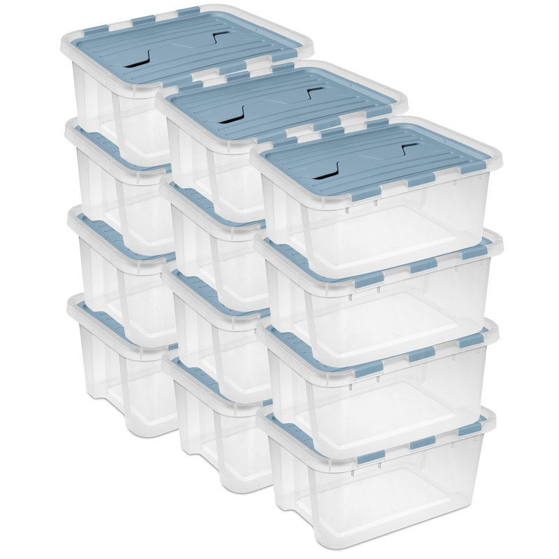 Sterilite 20 Qt Hinged Lid Storage Box, Plastic Container, Washed Blue, 12 Pack, 20 qt.
