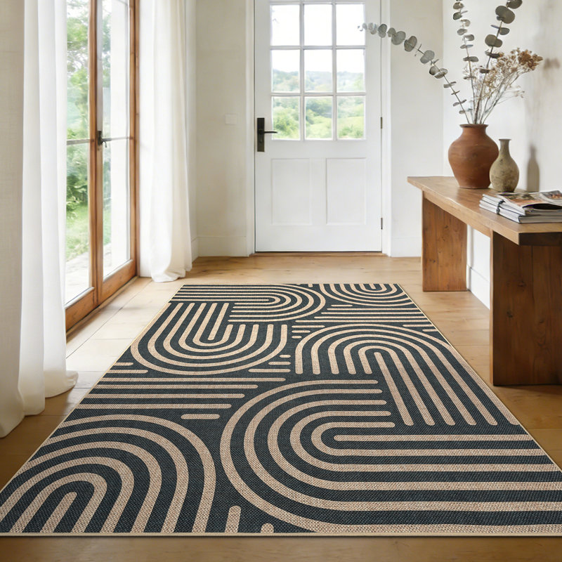 Washable Area Rug 5x7 Modern Striped Easy Jute Rug, Non-Shedding Low Pile Indoor Outdoor Carpet, Contemporary Floor Mats, Easy Cleaning Rug
