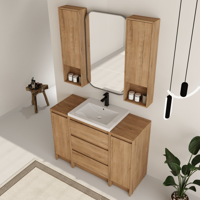 Ensemble de meuble-lavabo simple autoportant 48 po avec comptoir en résine et armoires murales 12 po Bellmead, 48"