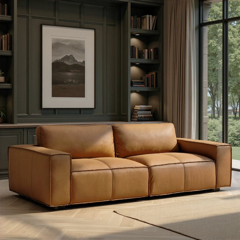 Cramer 93" Modern Leather Sofa In Anthracite Gray Or Ochre With Track Arms, Ochre