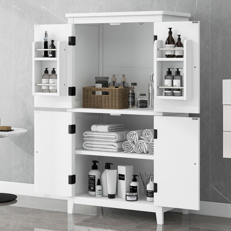 Armoire de rangement élégante pour salle de bain, unité de rangement pour salle de bain, armoire autoportante avec 4 portes, tablettes réglables, tablettes adaptables, blanc