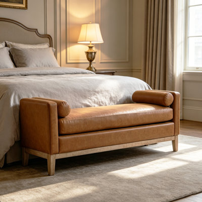 Banc rembourré de 66 po avec tissu bouclé, motif grain de bois, banc de bout de lit avec coussins de traversin pour chambre à coucher, vestibule, salon
