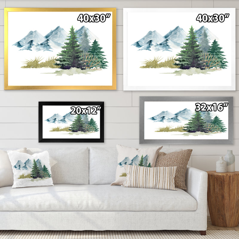 Pin dans un paysage de montagne - peinture sur toile, H 35,5 po x l 45,5 po x P 1,5 po, Cadre argenté
