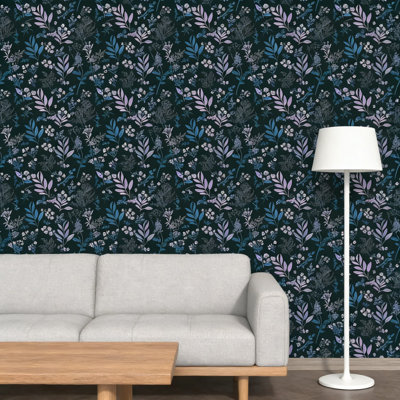 Papier peint adhésif floral rétro - papier de contact en vinyle auto-adhésif avec motif botanique bleu foncé et rose, imperméable et amovible pour les murs, les armoires et les meubles