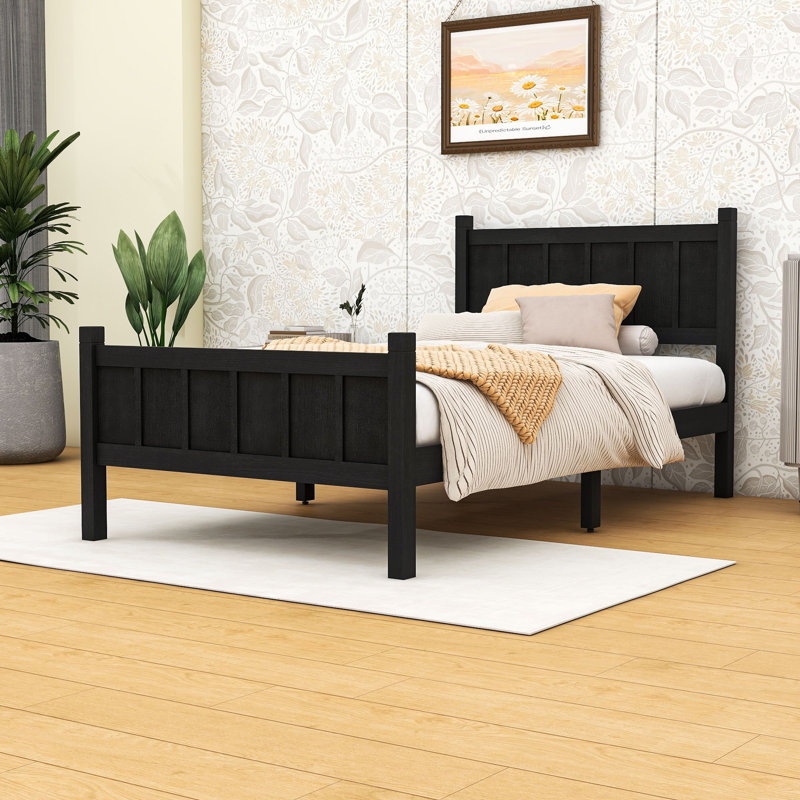 Lit plateforme en bois avec tête de lit et lattes, Lit simple, Noir
