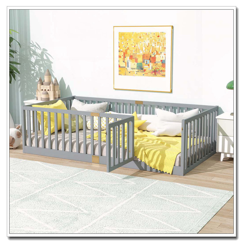21.5"High Fence Railings Solid Wood  Floor Bed, Twin, Grey-with Door