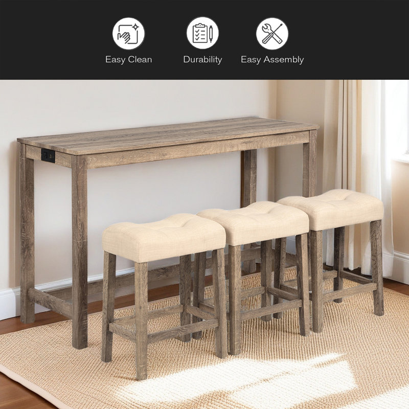 4 Piece Bar Table Set With Power Outlet,Bar Table Set With Chairs,Sofa Bar Table With Stools,Behind Couch Table With 3 Padded Stools,For Living Room,Dining Room