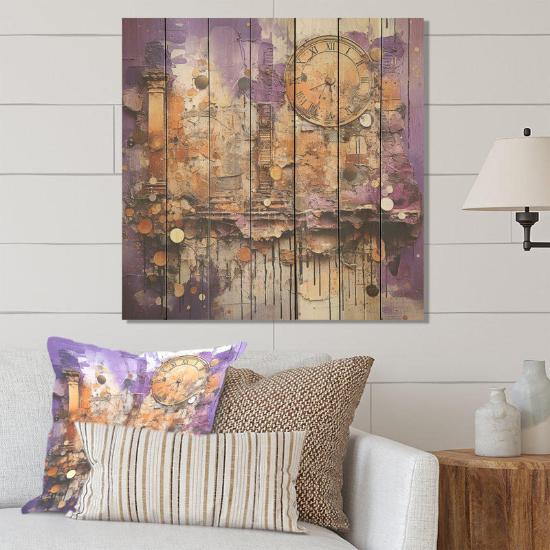 Mauve et jaune, collage intemporel III - Classiques sur bois, H 15 po x l 15 po