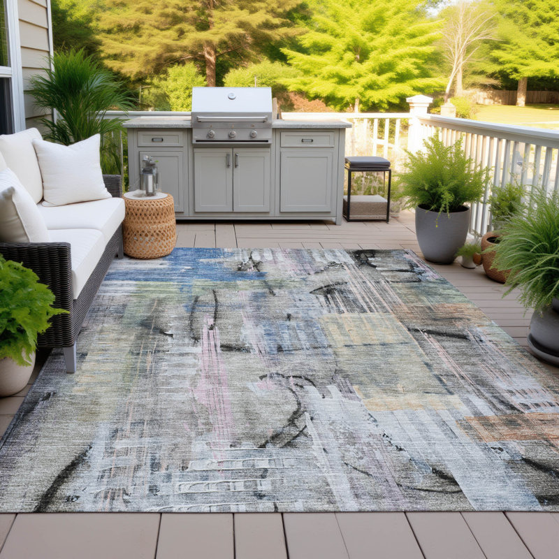 Machine Washable Indoor/Outdoor Xhevrie Blue Rug, Rectangle 3' x 5'
