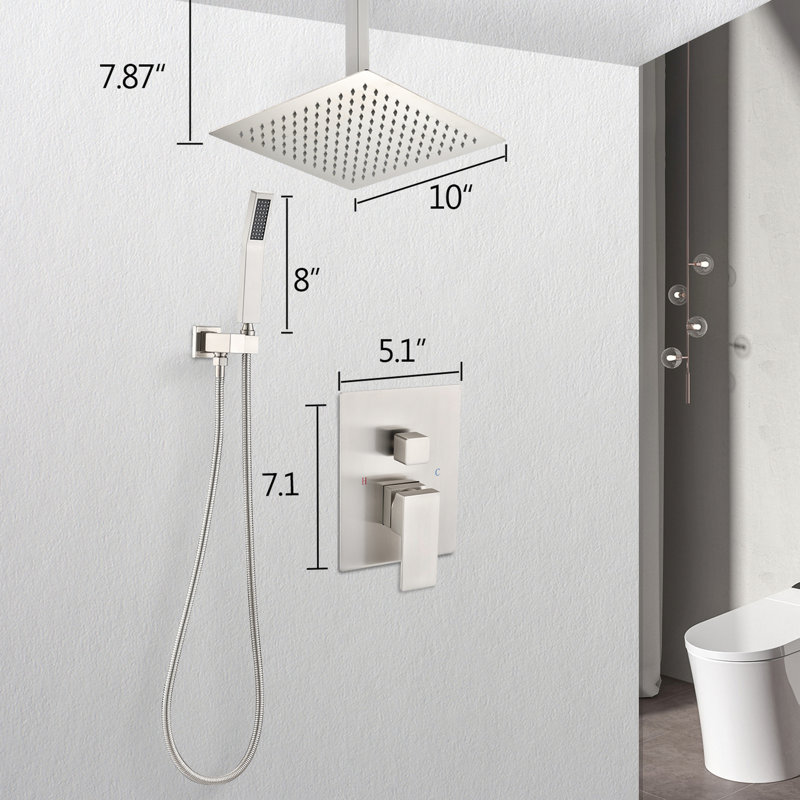 Ceiling Mounted Shower In Brushed Nickel Color And Style. 10" Head & Handheld . Simulates Natural Rainfall. Self-cleaning Nozzle. Bathroom. Brass Made System, Nickel. Handheld. Rainfall . Product
