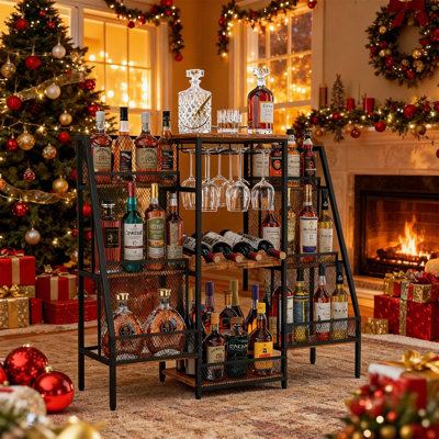 6-tier (safe Height For Kids & Pets) Freestanding Wine Rack With Glass Holders & Fences, Large Bar Cabinet For Home, Liquor Stand For Wine Bottles, Christmas & Holiday Party Wine Shelf