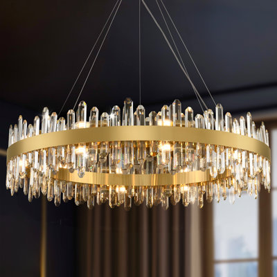 Luminaire suspendu tambour cylindrique moderne en cristal doré à intensité variable 24 "/ 32" / 40 "