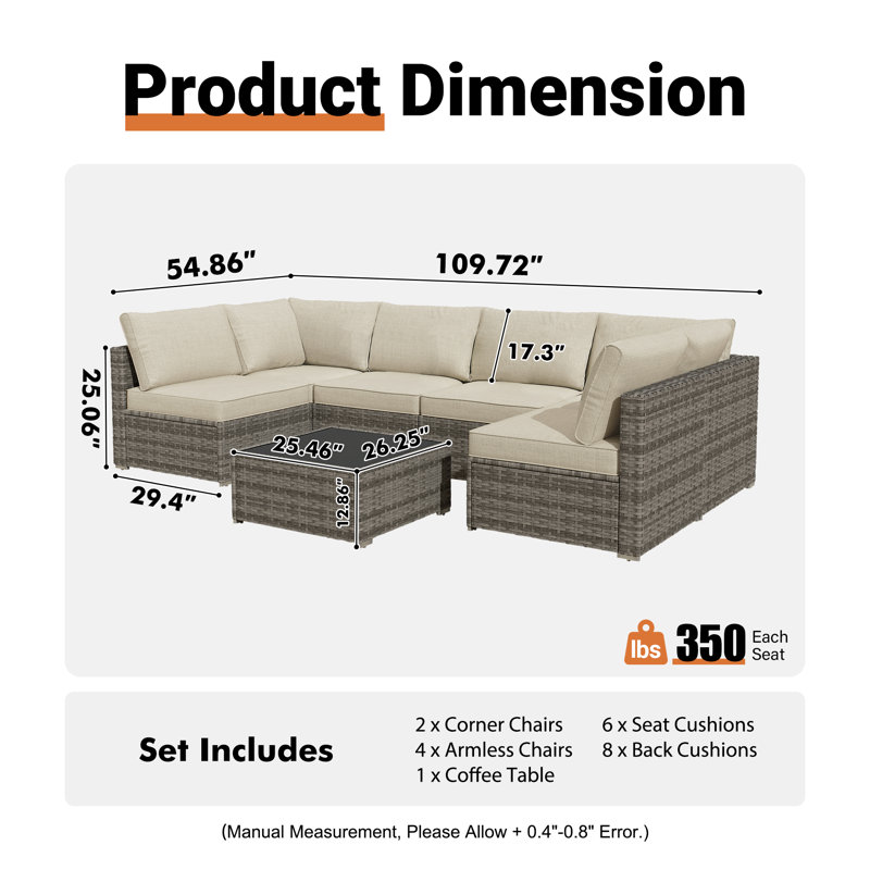 Chappotin 7 - Piece Outdoor Conversation Set,  Wicker Patio Seating Group, All Weather Sectional Sofa Set with Cushions for Garden, Backyard