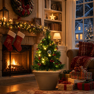 Arbre de Noël 22,5 po 2 pièces pin artificiel d'extérieur sans cordon avec 24 lumières et piquets blanc chaud