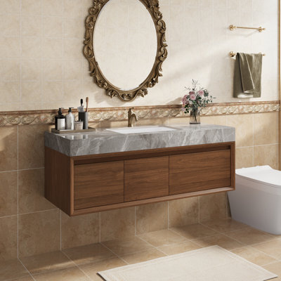 Meuble-lavabo suspendu de 122 cm (48 po) avec lavabo encastré, structure en bois massif, finition noyer, comptoir en pierre frittée grise, meuble de rangement de style moderne du milieu du siècle