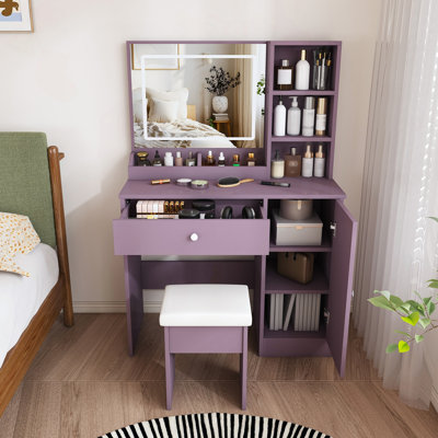 Ensemble de coiffeuse élégant avec tabouret rembourré et miroir à DEL réglable (mauve)