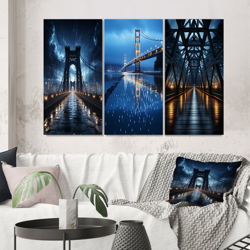 «Blue Bridge Suspension Bridge Charcoal», 3 pièces sur toile, Toile tendue, H 28 po x l 36 po