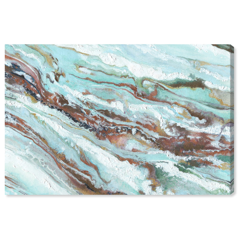Mint Waves Blue and Brown Abstract Canvas Wall Art, 24" x 16"