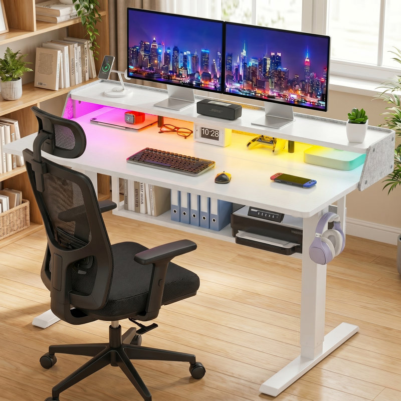 Electric height adjustable desk, adjustable stand desk, monitor stand with bookshelf, standing gaming desk with LED light strip，Suitable for home and office