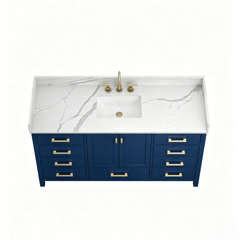 Meuble-lavabo simple 60 po avec comptoir en pierre de quartz 60 po, Bleu, Brushed Gold