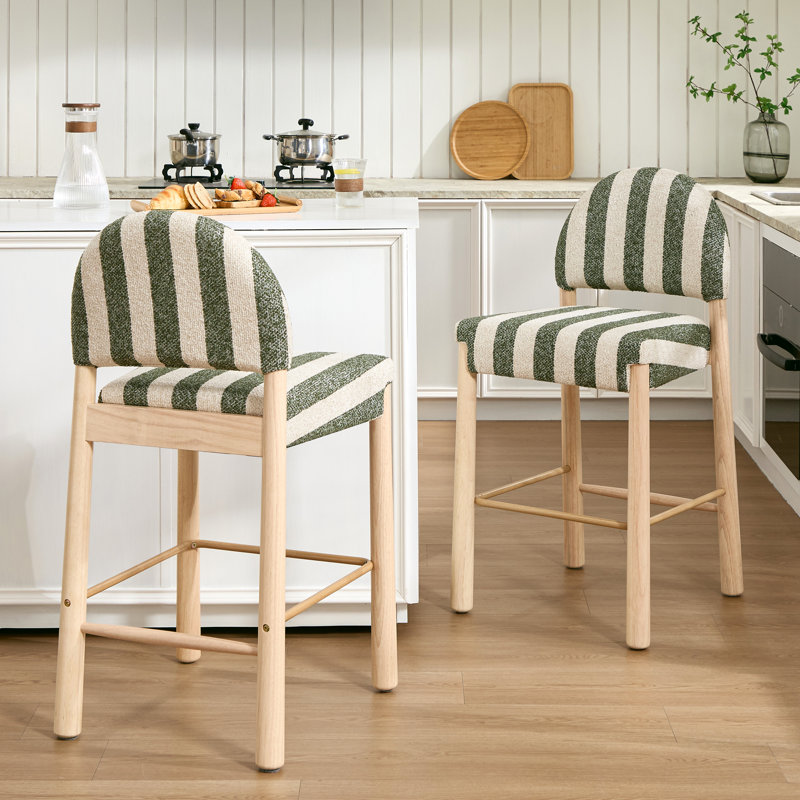 Hyland Upholstered 26.4'' Linen Counter Stool With Solid Wood Frame, Natural, Green/White
