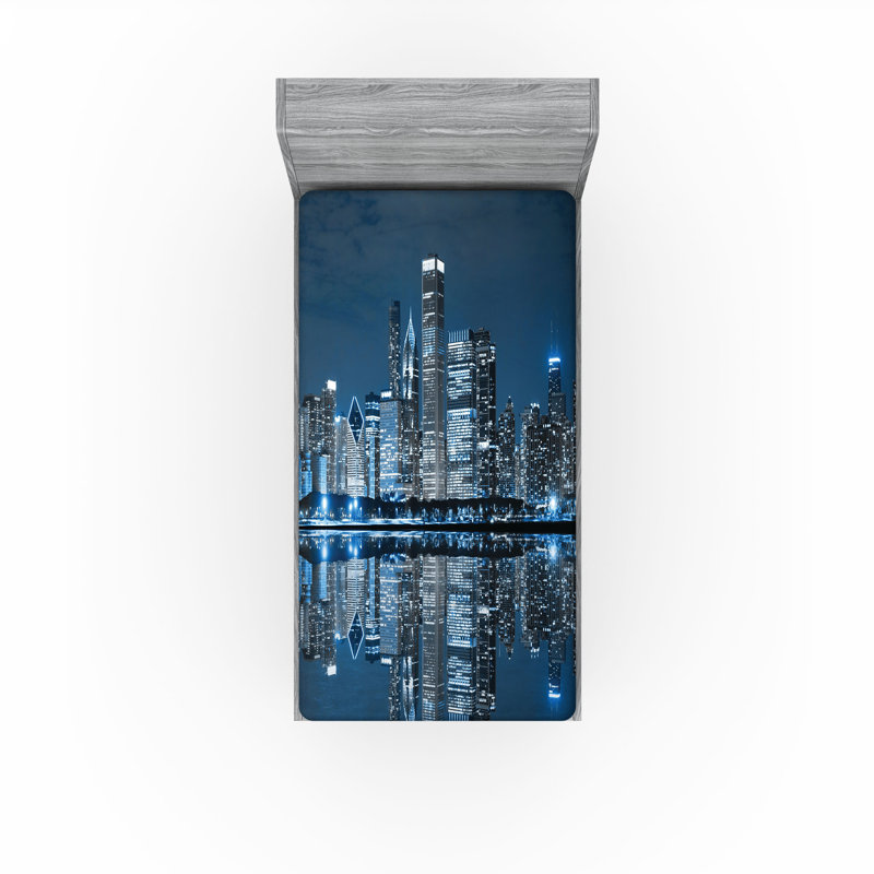 Ensemble de 2 draps-housse Ambesonne Chicago Skyline Sleeping City Night Blue Grey, Drap-housse simple TG