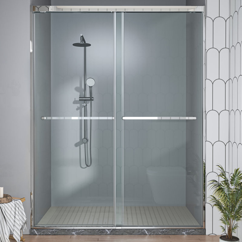 56"-60" W x 76" H Double Sliding Semi-Frameless Shower Door with 5/16" (8mm) Crystal Clear Tempered Glass, Silver