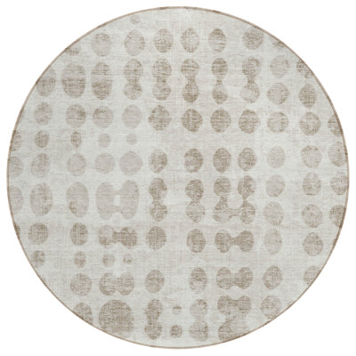 8' Ivory And Beige Round Abstract Washable Indoor Outdoor Area Rug