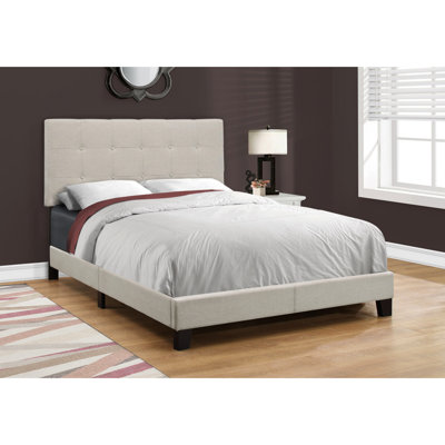 Lit double tapissier de chambre à coucher en lin beige séduisant avec pieds noir puissant