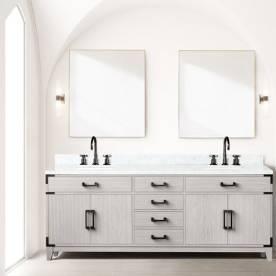 Meuble-lavabo double en chêne blanc l 84 po - comptoir en marbre et 36 po Miroirs avec rangement à fermeture en douceur 84 po 36 généreux