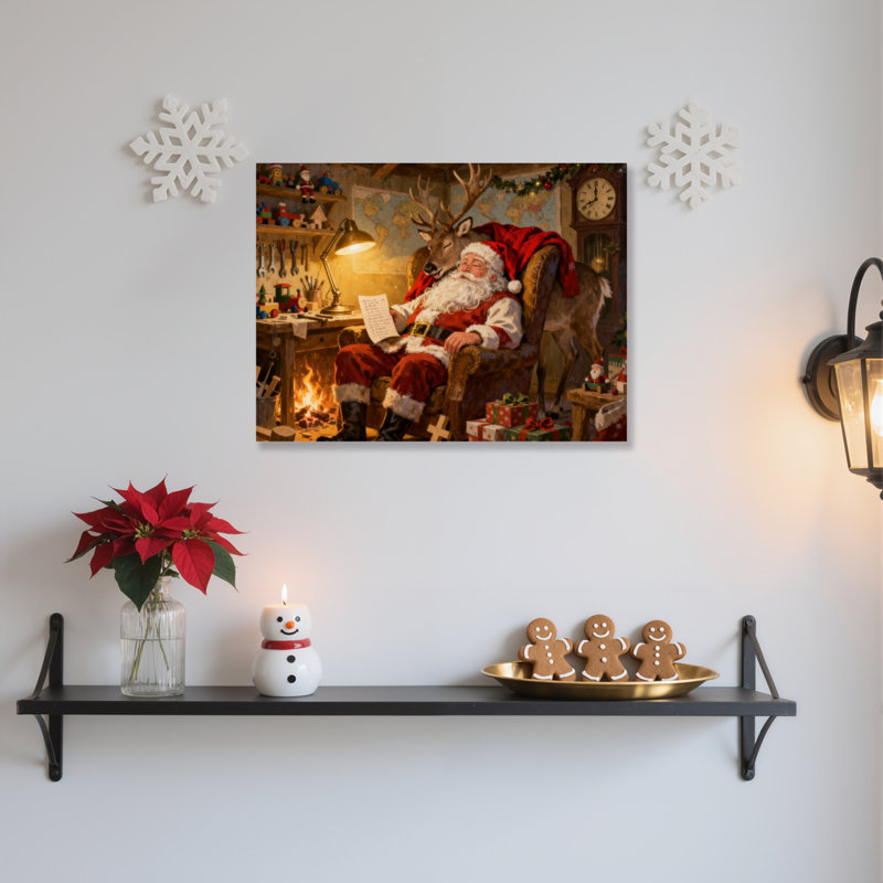 Père Noël atelier, art mural sur toile, H 16 po x l 24 po