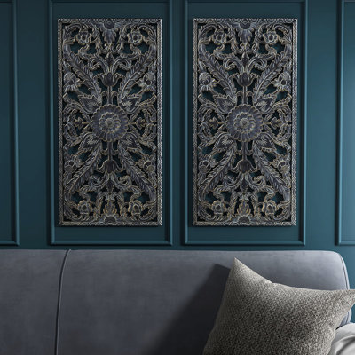 2 Distressed Wall Decor - Lotus Flower Antique Blue & Grey Indoor Hanging Panels Spot Clean Wood Pattern