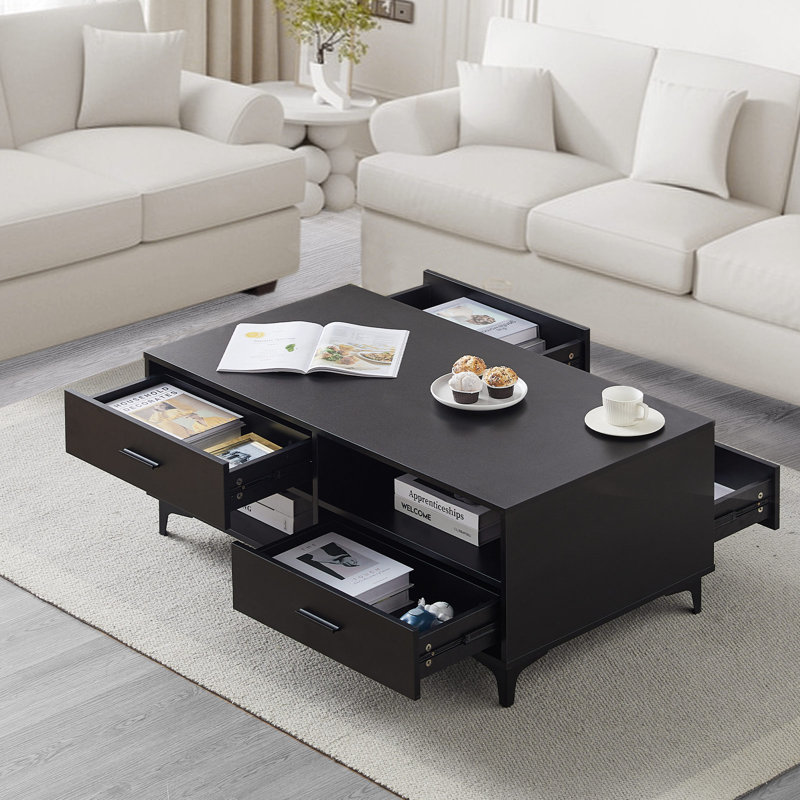 Coffee Table, 110X60x45cm Livingroom Table, Sofa Table With 4 Drawers, Table In Matt Finish, Black