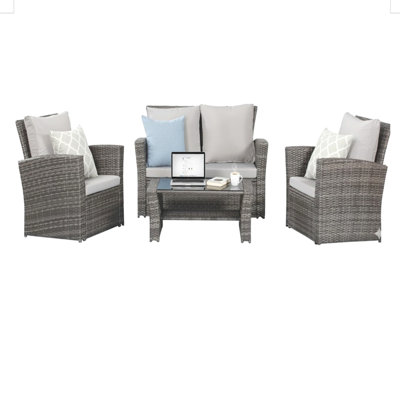 4-Piece All Weather Wicker Patio Conversation Set With Gray Cushions And Glass Table