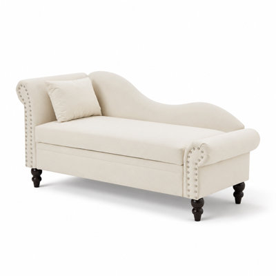 Chaise longue en velours 64,5 pouces avec rangement caché, accoudoir gauche, coussin lombaire, garniture cloutée et rembourrage en mousse