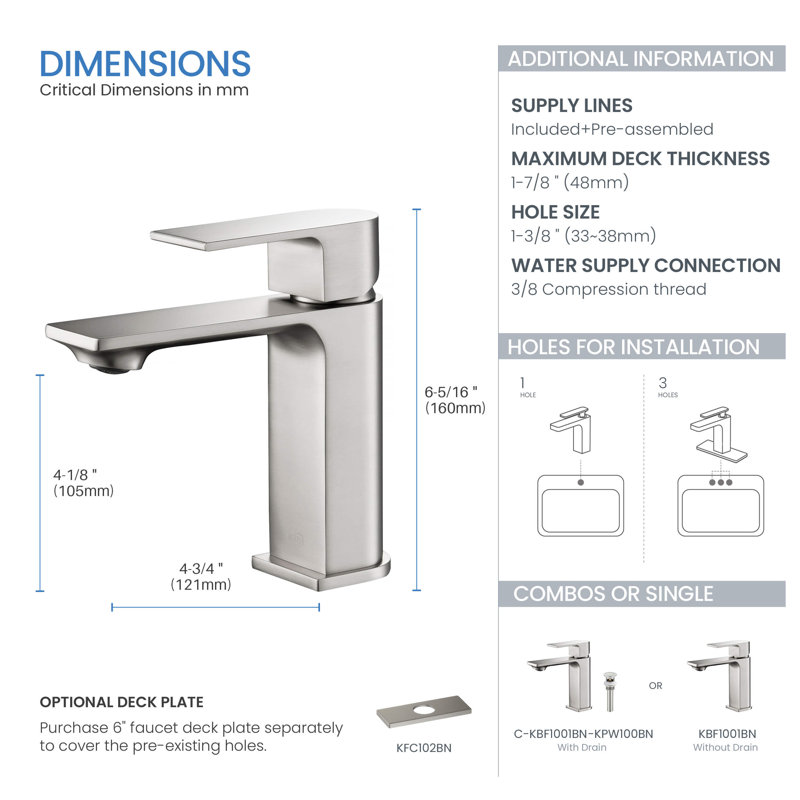 Mirage Single-handle Bathroom Faucet, Brushed Nickel, No accessories included