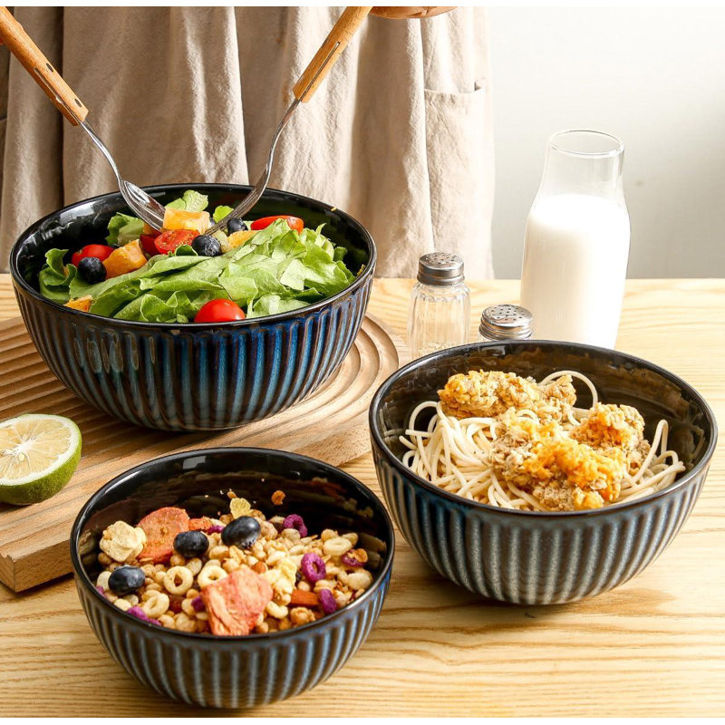Set of 3 Large Ceramic Nesting Mixing Bowls, Navy