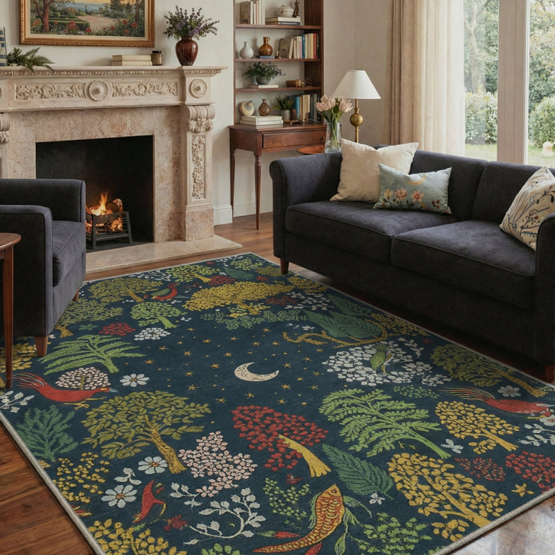 Lunaria Abstract Moonlit Forest Machine Washable Midnight Indoor Area Rug With Non-Slip Backing, Rectangle 9' x 12'