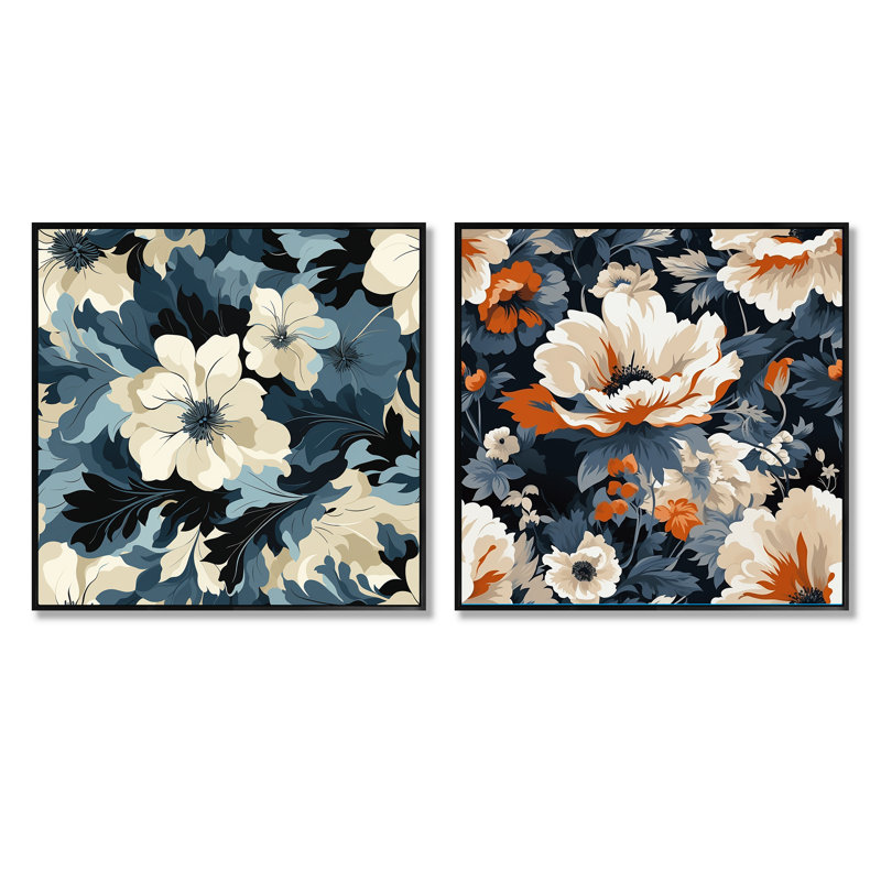 Floral Tropical Tranquility Vibes IV - Ensemble de 2 collages floraux carrés, Cadre flottant noir, H 16 po x l 33 po