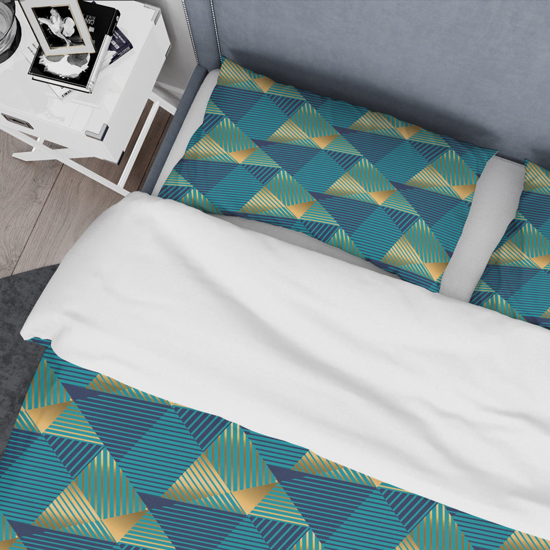 Ensemble de housse de couette de luxe mid-century waves rétro, Housse simple + 1 taie décorative, Or / Gris