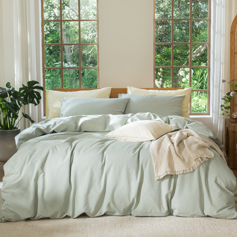 Ensemble de housse de couette 100% coton délavé MooMee, Housse de couette grand et 2 taies d'oreiller stan, Vert sauge
